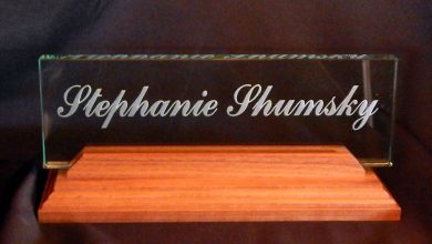 wood base glass award nameplate sandcarving engraving ruth dobbins
