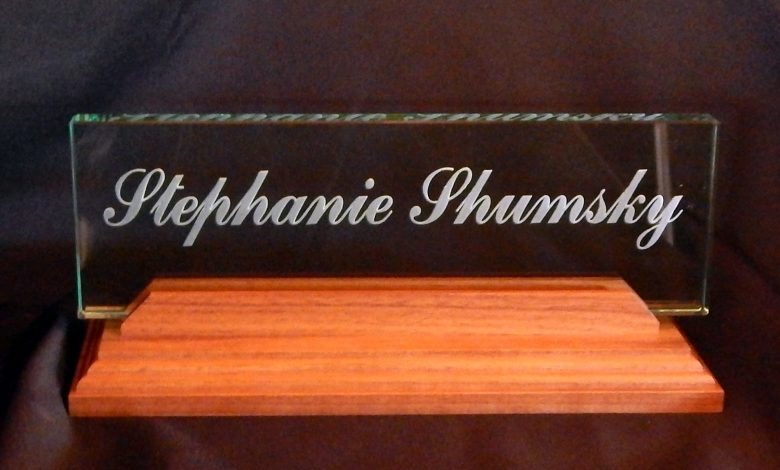 wood base glass award nameplate sandcarving engraving ruth dobbins