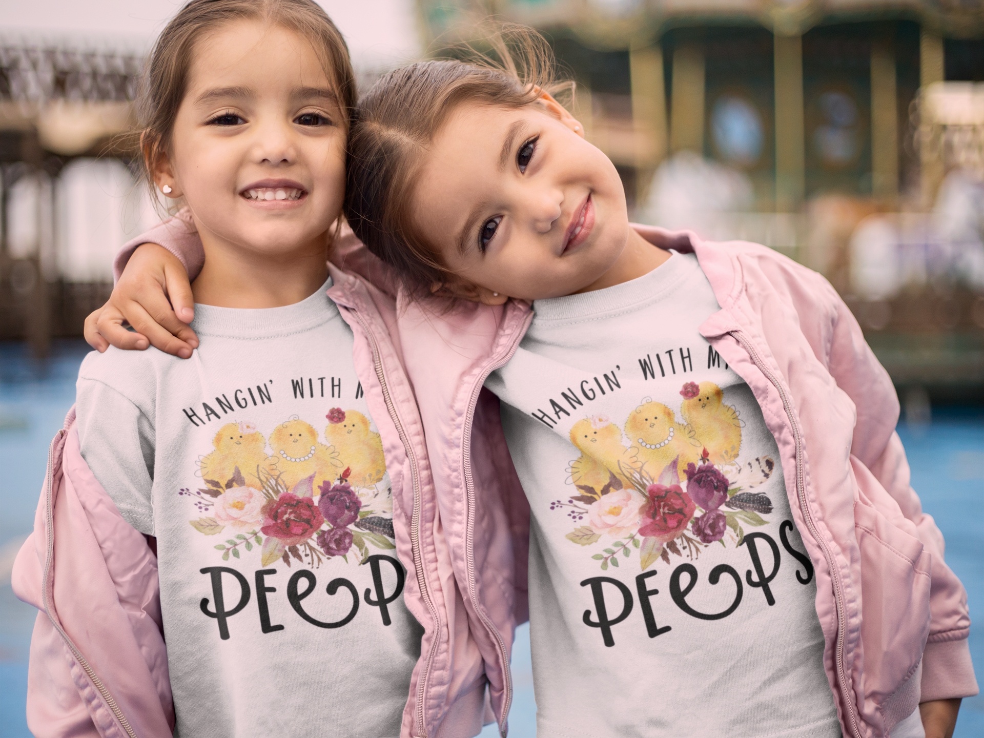 round neck tee mockup featuring little twin sisters hugging 22531