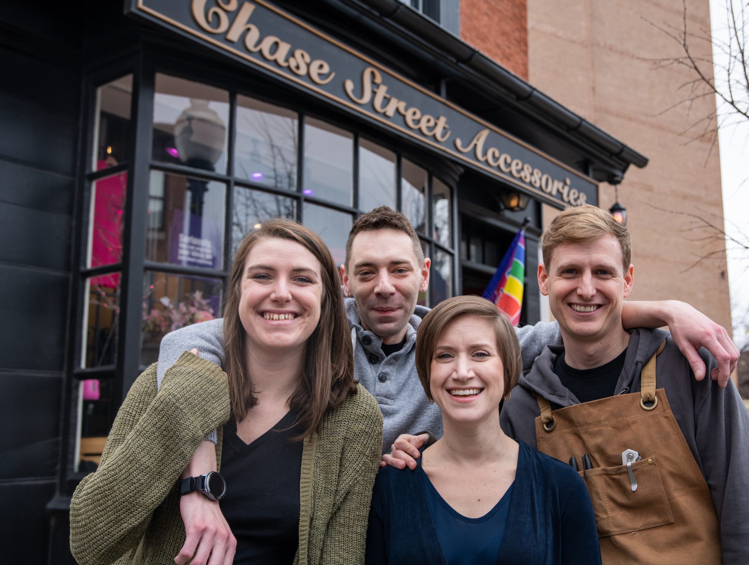 The staff of Chase Street Accessories & Engraving. (Pictured left to right: Lauren Stroll, Chris Beach, Shana Kayne Beach, Marcouiller)