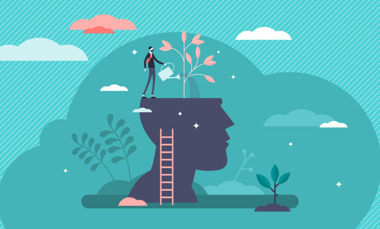 Mind growth progress concept, flat tiny person vector illustration. Head silhouette with businessman growing symbolic knowledge plant. Brain process and intellectual activity improvement strategy.