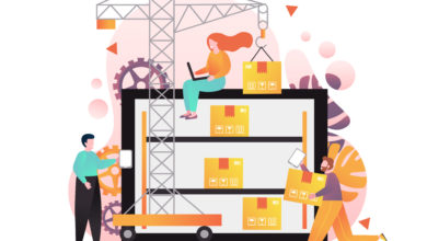 Warehouse management software concept vector illustration. Tower crane putting cardboard boxes on big laptop shelves, tiny people workers.
