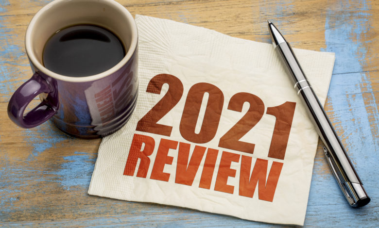 2021 year review text on a napkin with a cup of coffee, end of year business concept
