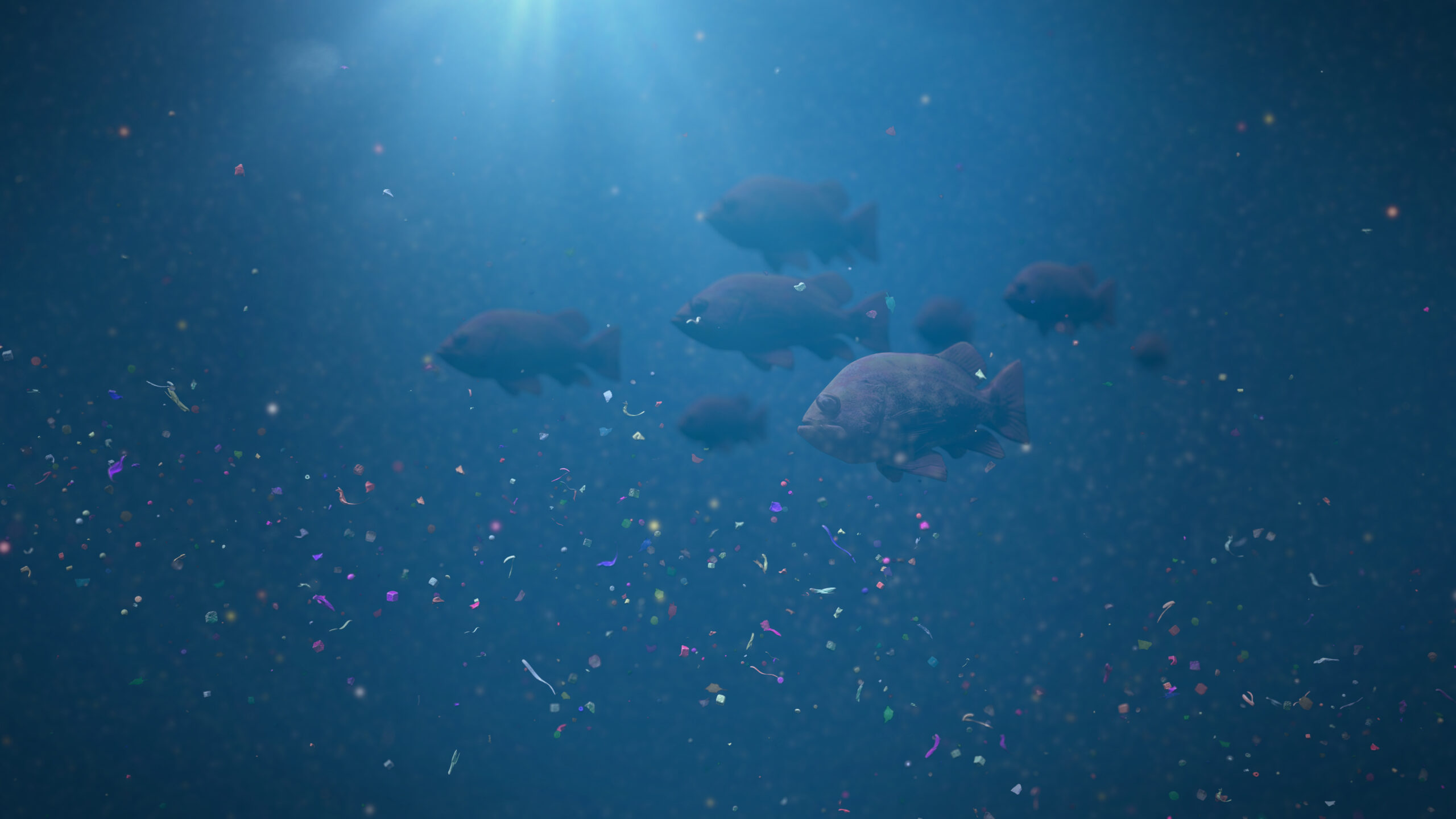 fish swarm swimming through plastic pollution, micro plastic par