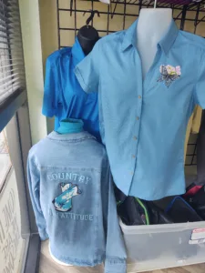 embroidered shirts on display