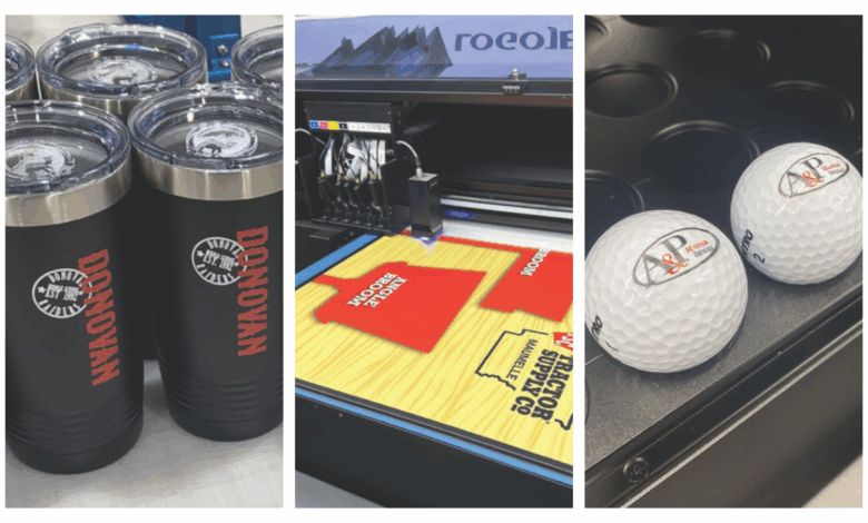 uv-printed drinkware, uv printer printing sign, uv-printed golf balls