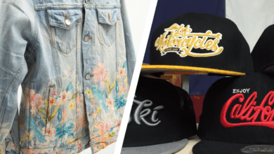 floral decorated jean jacket and embroidered caps — T-Shirt