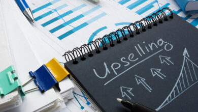 Q1 sale The inscription Upselling on a black notepad that lies on financial calculations.
