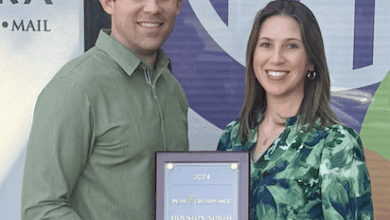Stuart and Chelsea Wilson pose with the award. Image courtesy of Allegra Marketing Print Mail