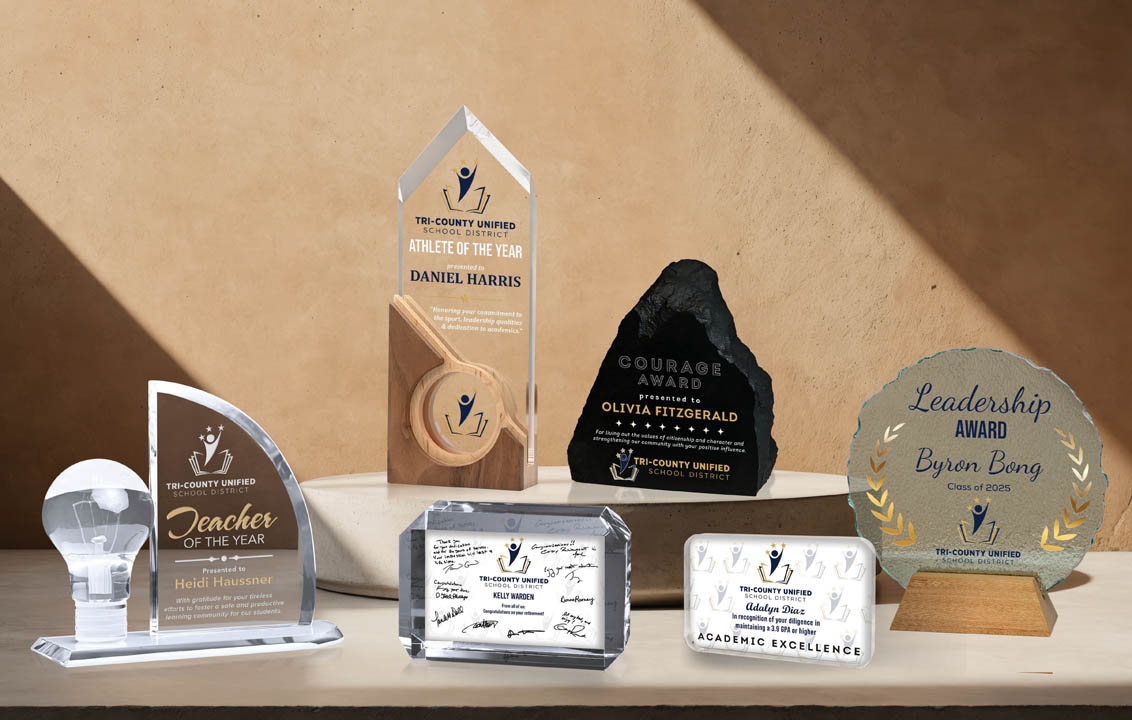 awards on concrete platform in front of a brown wall with sunlight shadows