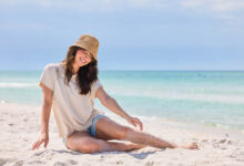woman in womenswear on beach