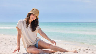 woman in womenswear on beach