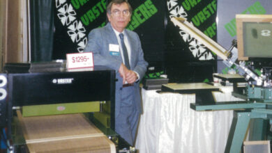 Michael Vasilantone, founder of Vastex International, at a circa 1988 trade show exhibiting his patented electric infrared conveyor dryer, air recirculation system, belt alignment/tracking device, dual rotary screen printing press, four-way stretch hold down, and mechanical squeegee. (Images courtesy of Vastex)