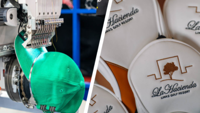 left image: embroidery machine embroidering a hat; right image: embroidered golf club covers