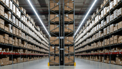 Vast Warehouse Aisle with Tall Shelves Stacked with Cardboard Boxes Supply Chain
