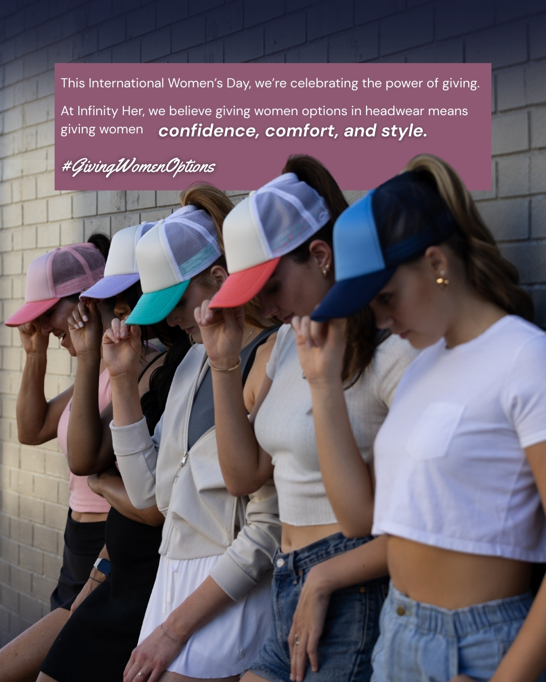 row of women wearing caps Images courtesy of Infinity Her