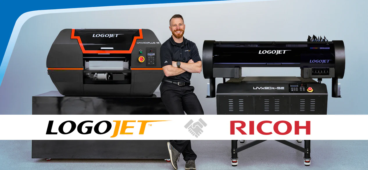 man standing between Ricoh and LogoJET printers