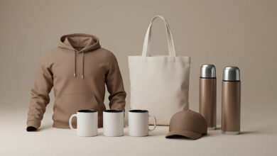 Mockup of collection of promotional merchandise including a hoodie, tote bag, mugs, cap, and thermoses for commercial usage