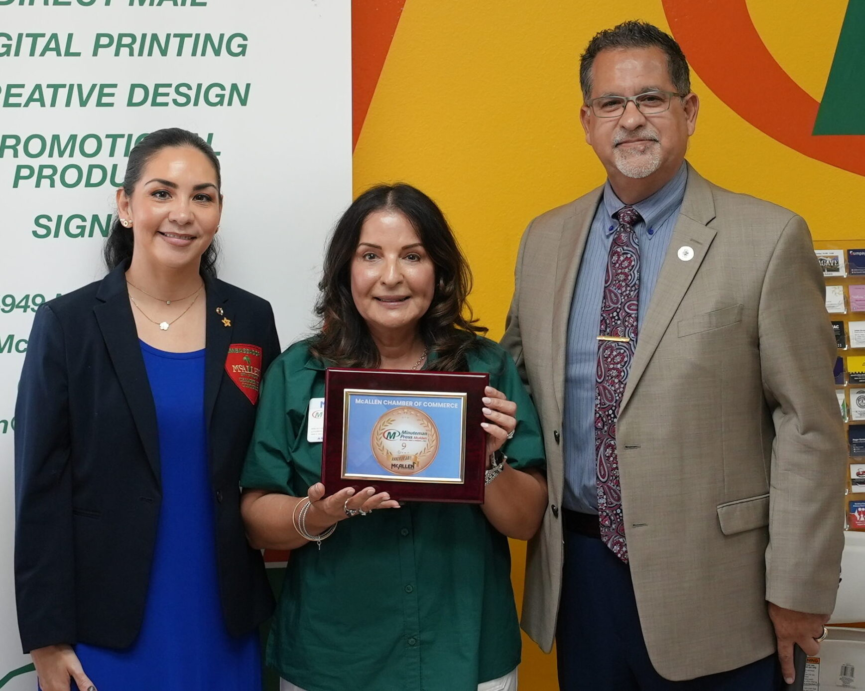 Minuteman Press Franchise Owner Gina Cruz (center) with McAllen Chamber Ambassador Marta R. (left) and Board Member Omar G. (right). (Image courtesy of Minuteman Press)