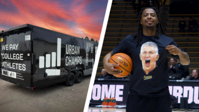 Left: Campus Ink and The NIL Store's mobile DTF trailer; Right: Purdue’s Lance Jones shows off an NIL Store bighead tee featuring Head Coach Matt Painter. (Image courtesy of Campus Ink & The NIL Team)