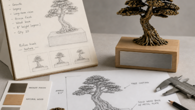 Early sketches and material studies help transform an initial idea into a finished recognition piece. (Images courtesy of Polaris Custom Awards)