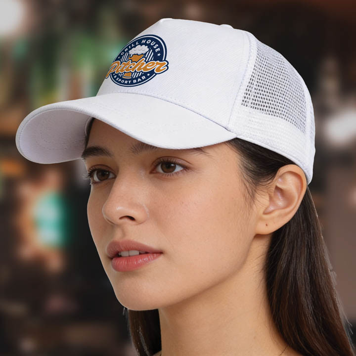 Faeth SUBTCWH Sublimation Trucker Cap White Woman Wearing Lifestyle