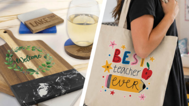 engraved gifts: cutting board, wine glass, coaster and a decorated tote bag