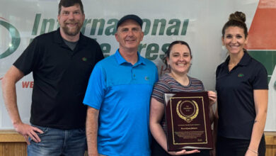 The International Minute Press Team in Coeur d’Alene, Idaho, celebrates their President’s Club Award. Pictured L-R: Ethan, Ryan Johnson (Owner), Lindsey, and Loralee. (Image courtesy of Minuteman Press)