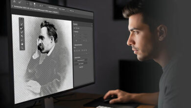 Young Man Focused on Photo Editing Software on Computer Monitor at Night - photoshop mask